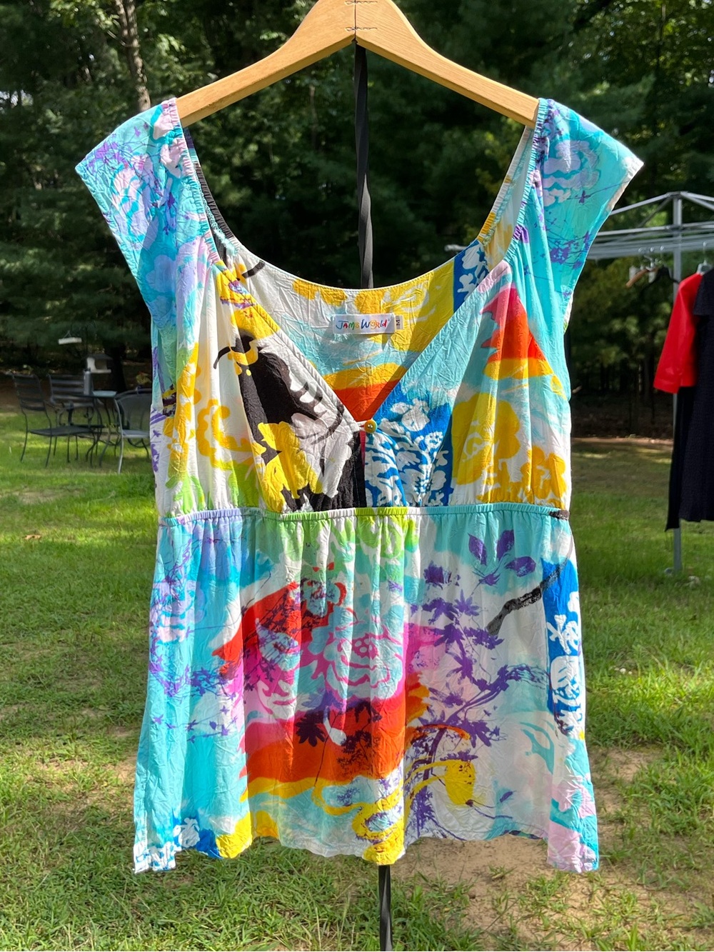Jams World Vienna Wearable Art Tropical Floral Rayon Blouse Size S Beach Summer